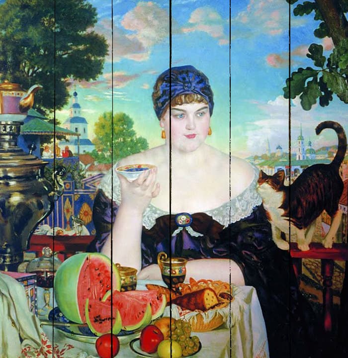 Картина на досках Борис Кустодиев. Купчиха за чаем