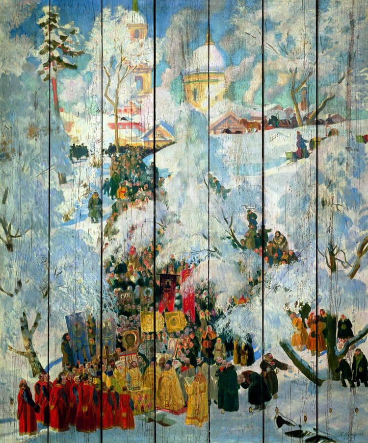 Картина на досках Борис Кустодиев. Зима. Крещенское водосвятие (1915) Гулянье на Волге. 1909